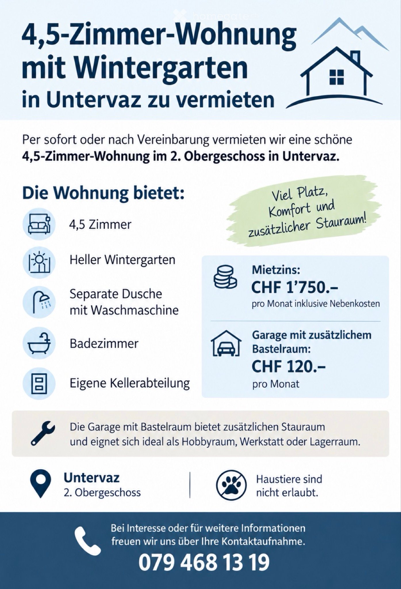 4-Zimmer-Wohnung
chf 1750 inkl nebenkosten
pp chf 120, Foto 2 von 2