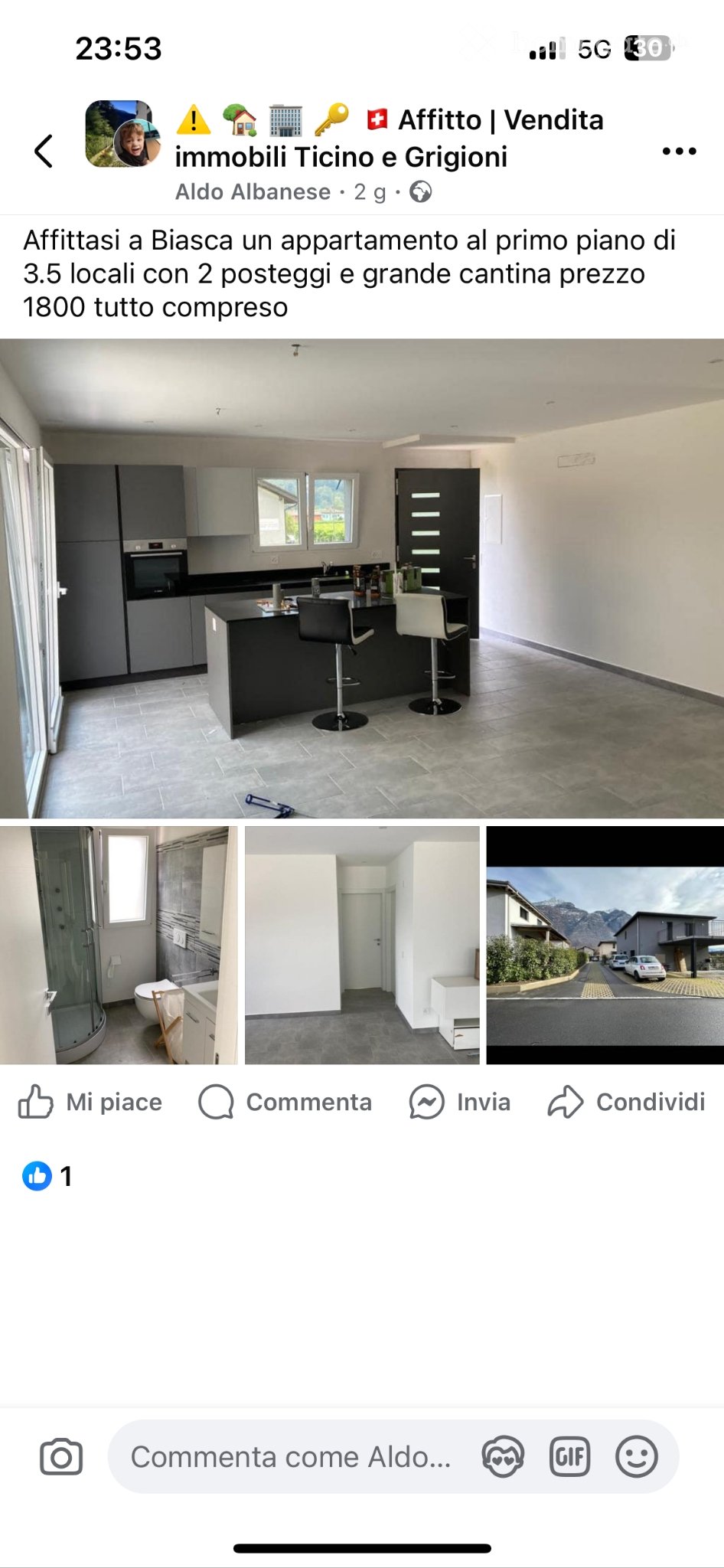 3 ½ Zimmer Wohnung

Zu vermieten nach Vereinbarung eine 3.5-Zimmer-Wohnung von ca. 80m2 mit folgender Aufteilung:
Eigener Eingang über Treppe
Küche und Wohnzimmer als Open Space mit Insel
Ein Badezimmer mit Dusche
Ein Schlafzimmer
Ein kleines Zimmer/Büro
2 grosse Balkone, einer im Wohnzimmer und ein
