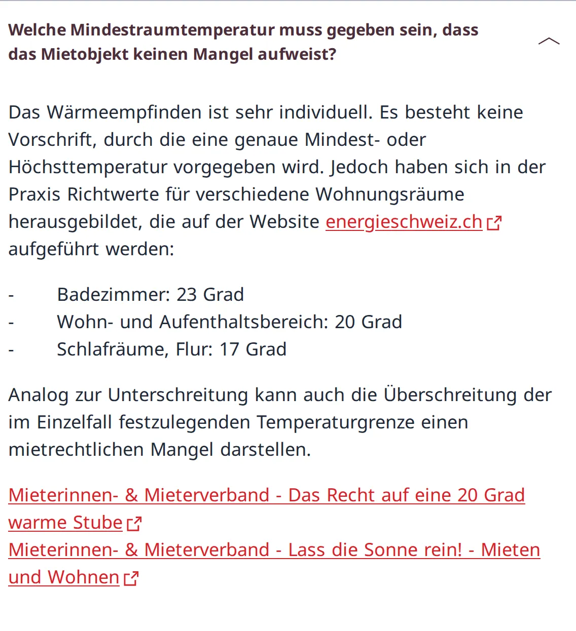Ausschnitt der BWO-Seite: Es besteht keine Vorschrift für eine genaue Mindest- oder Höchsttemperatur, in der Praxis gelten Richtwerte von EnergieSchweiz: Badezimmer 23 Grad, Wohn- und Aufenthaltsbereich 20 Grad, Schlafräume und Flur 17 Grad