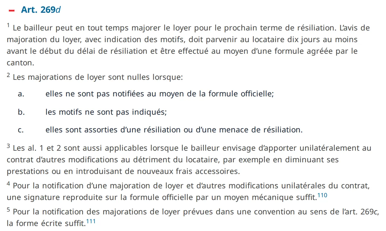 Extrait de l’article 269d du Code des obligations sur Fedlex : l’alinéa 2 énumère les trois causes de nullité (pas de formule, pas de motifs, menace de résiliation), l’alinéa 4 admet une signature reproduite mécaniquement