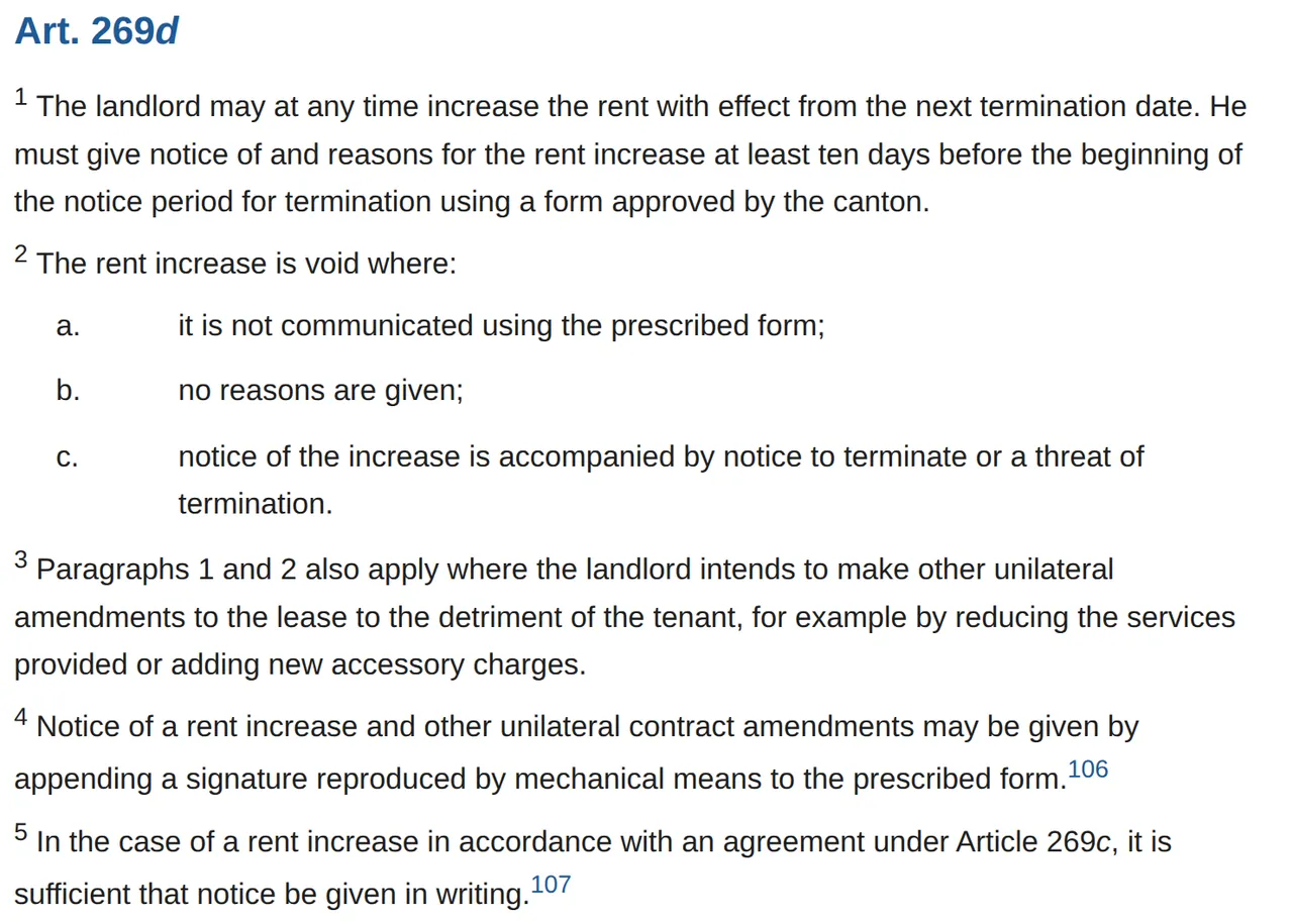 Article 269d of the Code of Obligations in English on Fedlex: paragraph 2 lists the three grounds that make a rent increase void (no prescribed form, no reasons, a notice or threat to terminate), paragraph 4 allows a printed signature