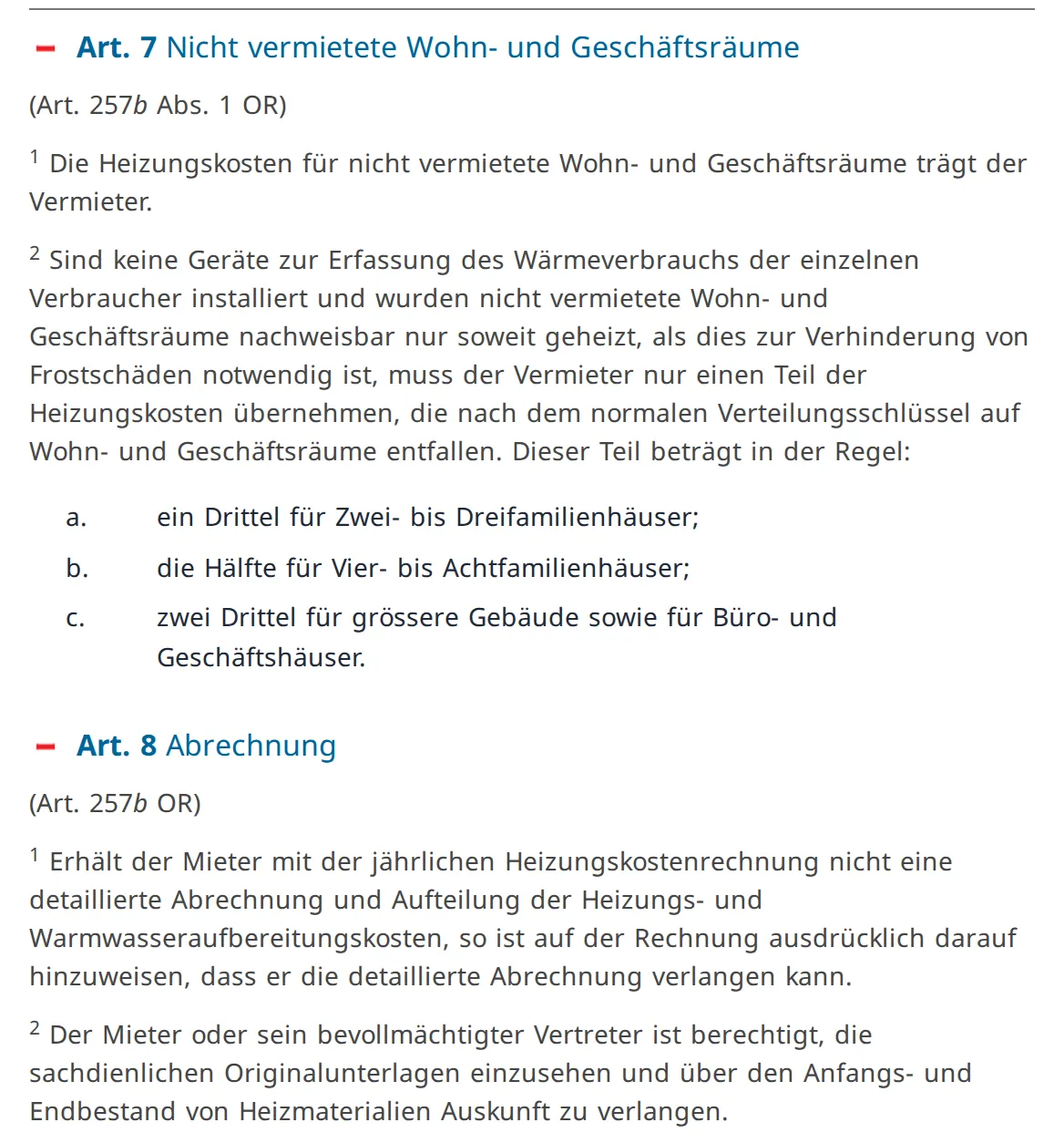 Ausschnitt der Verordnung über die Miete und Pacht von Wohn- und Geschäftsräumen auf Fedlex: Artikel 7 zu nicht vermieteten Räumen und Artikel 8 zur detaillierten Heizkostenabrechnung und zur Einsicht in die Originalunterlagen