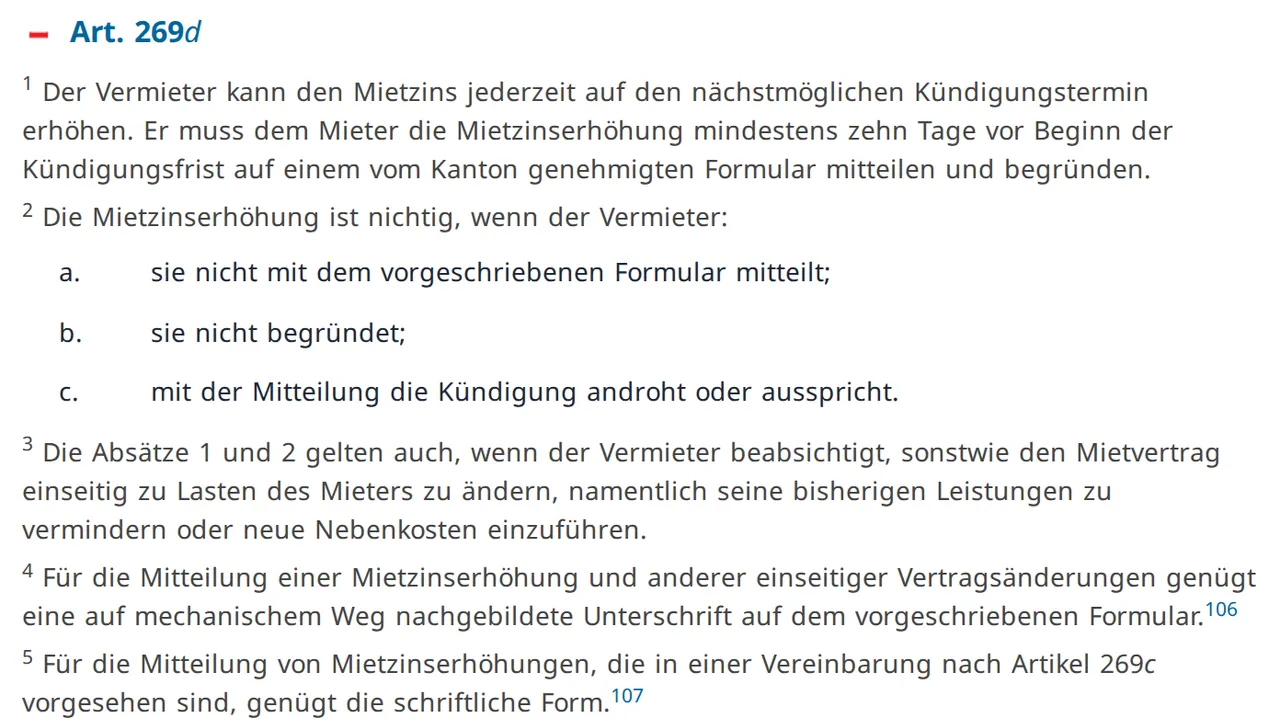 Ausschnitt aus Artikel 269d des Obligationenrechts auf Fedlex: Absatz 2 nennt die drei Gründe für die Nichtigkeit (kein Formular, keine Begründung, Kündigungsdrohung), Absatz 4 erlaubt eine mechanisch nachgebildete Unterschrift
