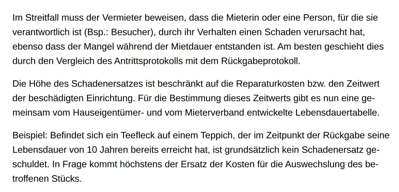Ausschnitt der Seite Haftung für Schäden der Zürcher Gerichte: Der Vermieter muss beweisen, dass der Mangel in der Mietdauer entstand, am besten per Vergleich von Antritts- und Rückgabeprotokoll; Ersatz nur bis zum Zeitwert