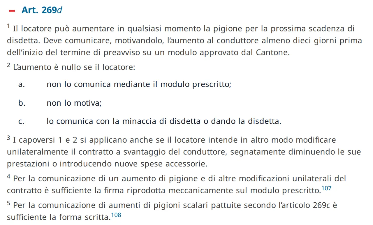 Estratto dell'articolo 269d del Codice delle obbligazioni su Fedlex: il capoverso 2 elenca i tre motivi di nullità (nessun modulo, nessuna motivazione, minaccia di disdetta), il capoverso 4 ammette la firma riprodotta meccanicamente
