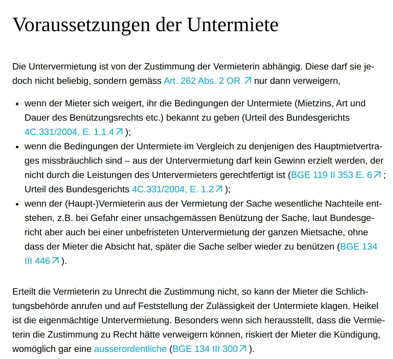 Ausschnitt der Seite Voraussetzungen der Untermiete der Zürcher Gerichte: die drei Gründe nach Art. 262 Abs. 2 OR mit Bundesgerichtsurteilen, darunter der Hinweis auf Schlichtungsbehörde und Kündigungsrisiko