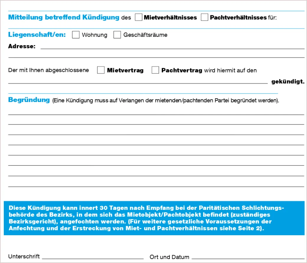 Ausschnitt des Zürcher Kündigungsformulars: Felder für Liegenschaft, Adresse und Kündigungsdatum, Zeilen für die Begründung auf Verlangen und ein blauer Kasten mit der 30-Tage-Frist bei der Schlichtungsbehörde des Bezirks